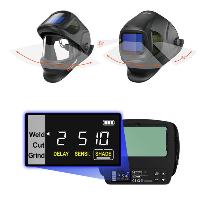 Tecmen flip front welding helmet showing viewing area and adf