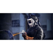 man performing laser cleaning of steel while wearing tecmen 100lw laser weling helmet with respirator