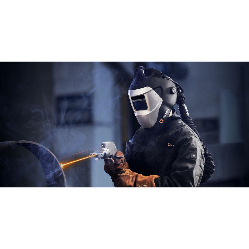 man performing laser cleaning of steel while wearing tecmen 100lw laser weling helmet with respirator