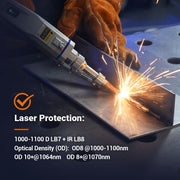 laser weld being performed with graphic overlay of tecmen laser welding helmet specifications