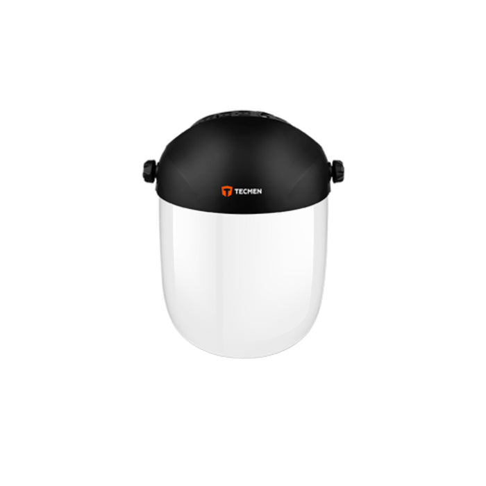 Tecmen clear grinding shield facing front showing head protector
