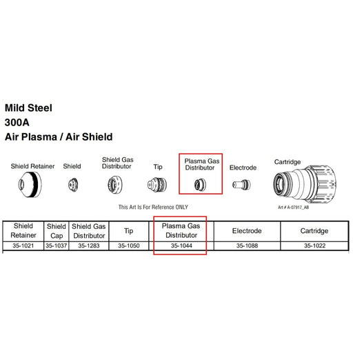 cut chart diagram with 35-1044 plasma gas distributor highlighted