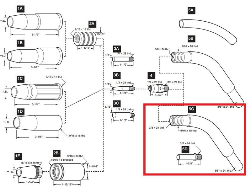 parts diagram of tweco #4 mig gun with conductor tube highlighted