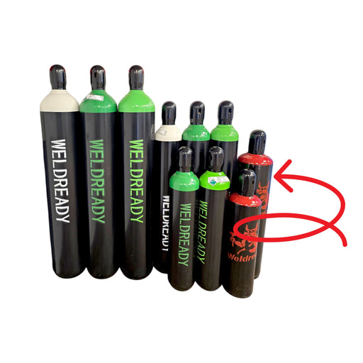 Group shot of Weldready cylinders. Arrow pointing to 145 Cubic Foot Cylinder Filled with Acetylene
