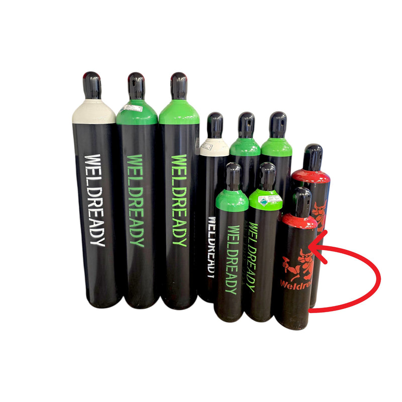  Weldready gas cylinders available for purchase. Arrow pointing to the 75 Cubic Foot Cylinder Filled with Acetylene