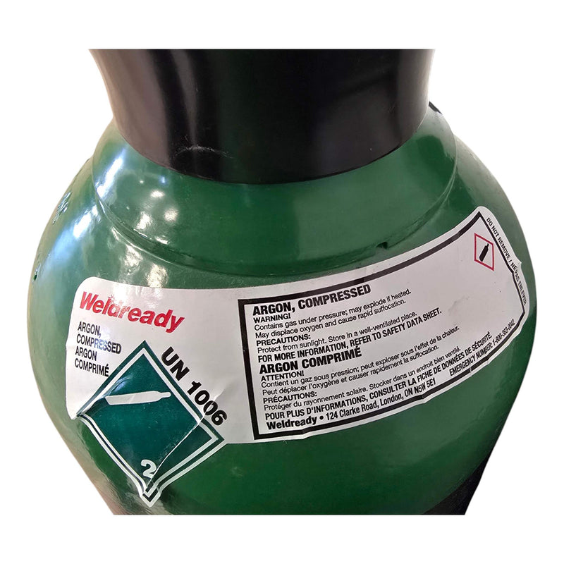 Close up of Label on Weldready 125 Cubic Foot Cylinder Filled with 100% Argon
