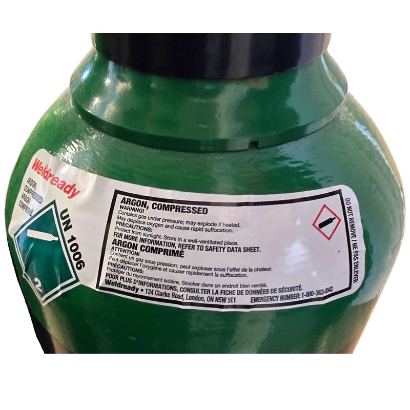 Close up view of Weldready 80 cu/ft 100% Argon gas cylinder label