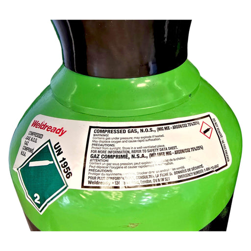 Close up label view of Weldready 80 Cubic Foot Cylinder mixed gas 80/20% Argon/CO2