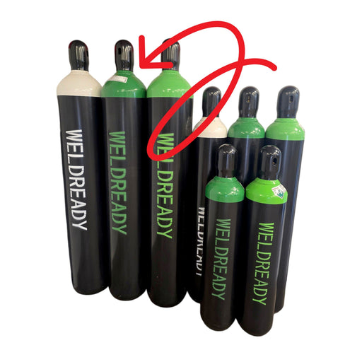 All Weldready sizes and types of gas cylinders. Arrow pointing to 250 Cubic Foot Argon Cylinder for TIG.