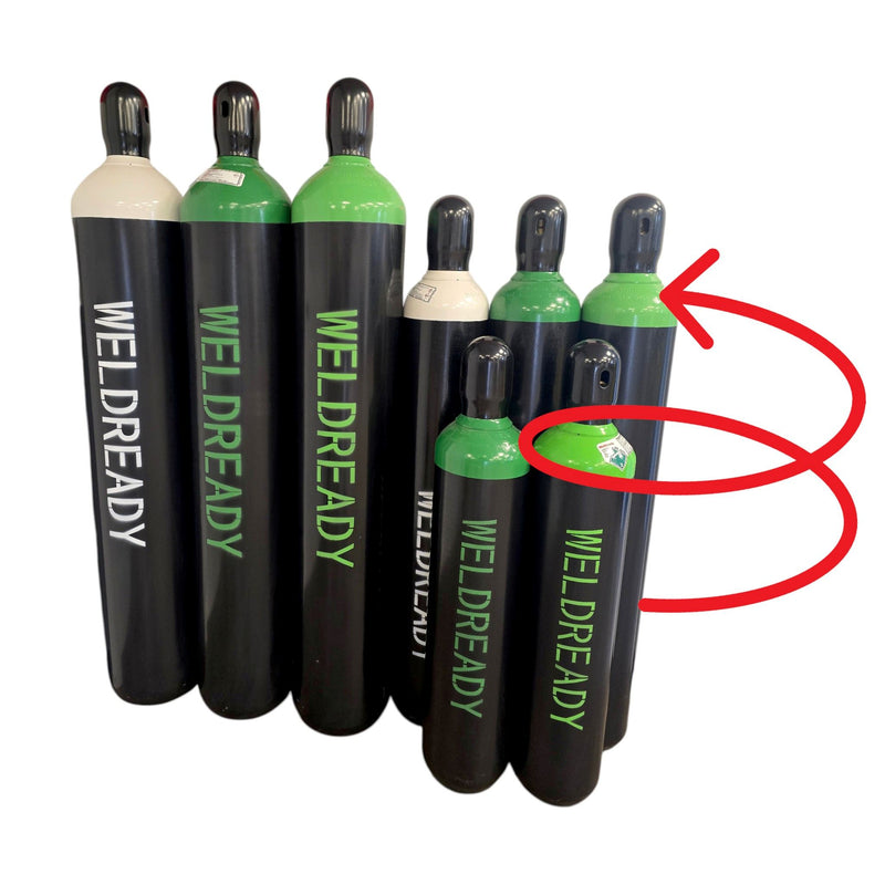 View of all available sizes and types of Weldready cylinders. Arrow pointing to 125 Cubic Foot Cylinder Filled with 80/20% Argon/CO2