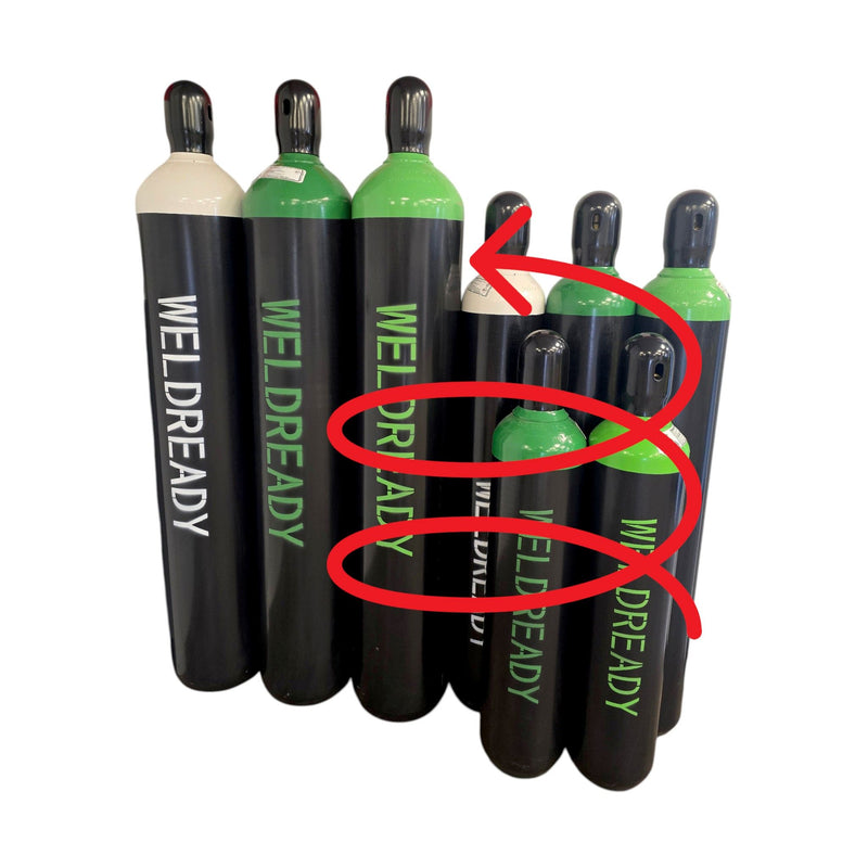 View of all cylinder sizes and gas types. Arrow pointing to a 250 Cubic Foot Cylinder Filled with 80/20% Argon/CO2