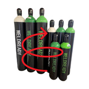 View of all sizes and cylinder gas types available at Weldready. Arrow pointing to 125 Cubic Foot Cylinder Filled with Compressed Oxygen.