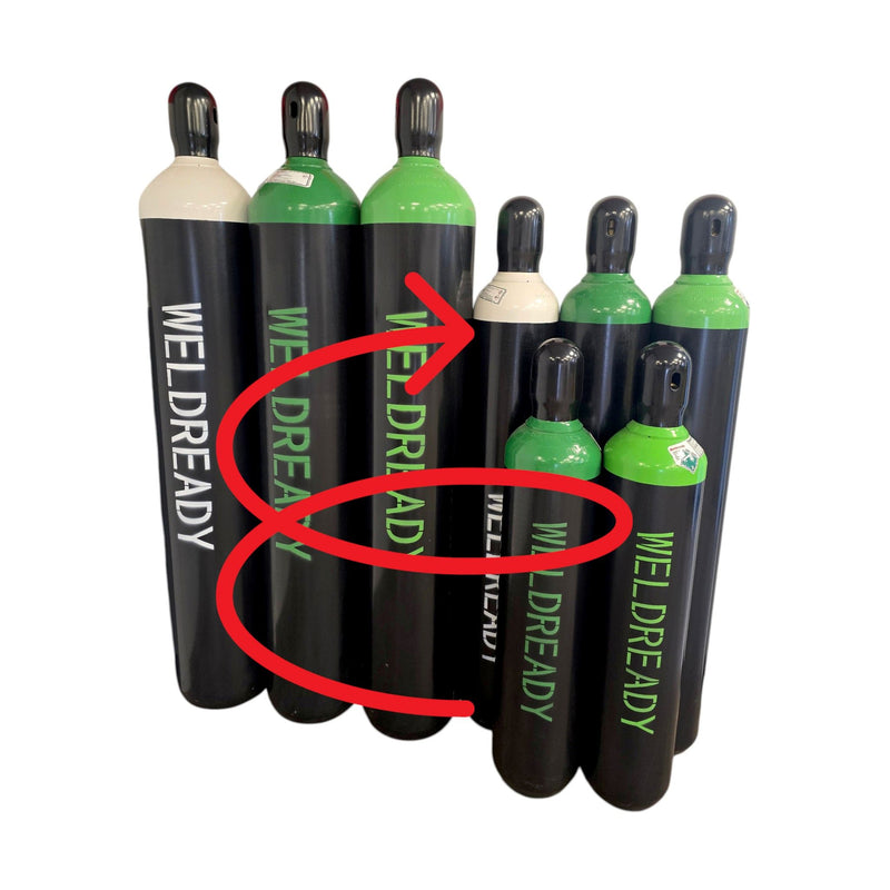 View of all sizes and cylinder gas types available at Weldready. Arrow pointing to 125 Cubic Foot Cylinder Filled with Compressed Oxygen.
