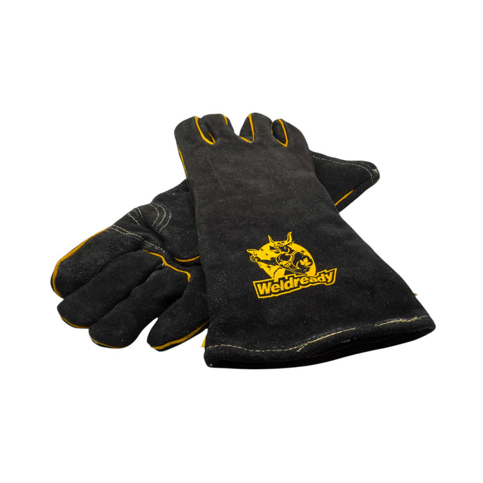 Pair of black MIG/Stick combo gloves with yellow accents and the Weldready logo on a white background