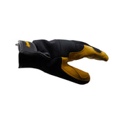Side view of black and yellow mechanics glove on a white background
