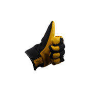 View of black and yellow mechanics glove in a thumbs up position