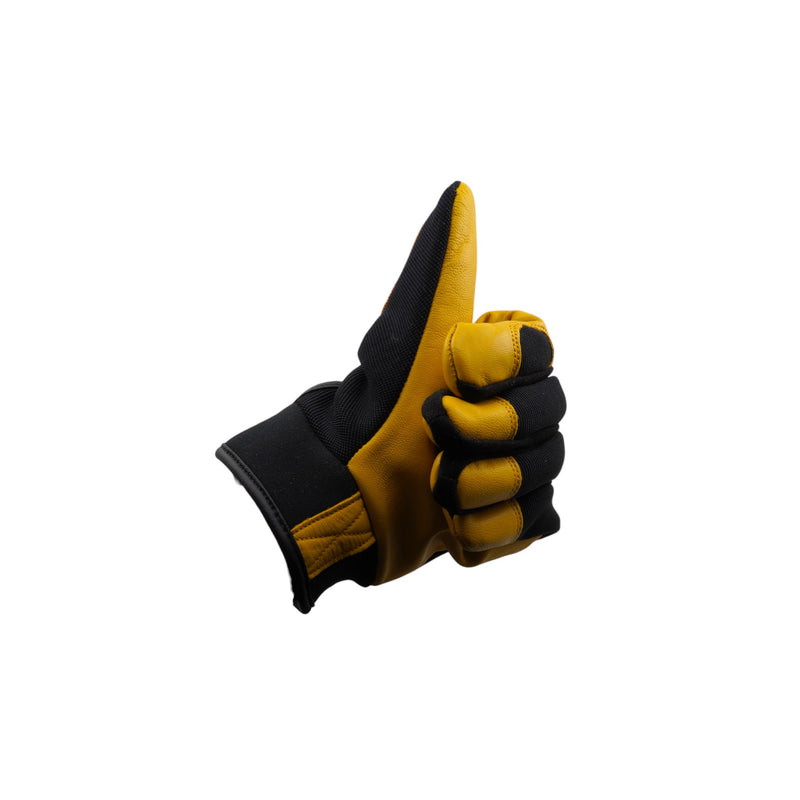 View of black and yellow mechanics glove in a thumbs up position