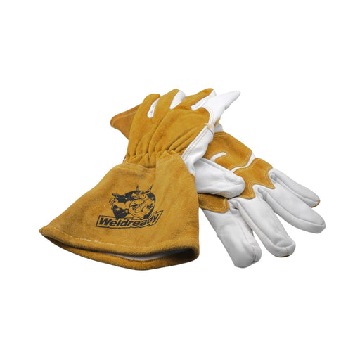 Pair of tan and white premium welding gloves with Weldready logo on a white background