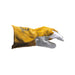 Side view of tan and white premium welding glove with Weldready logo on a white background