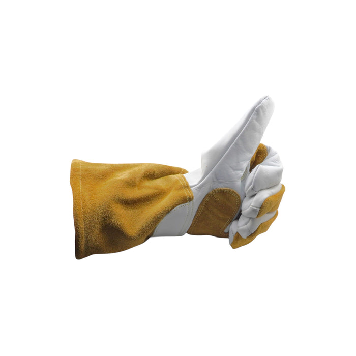 View of tan and white premium welding glove in thumbs up position with Weldready logo on a white background