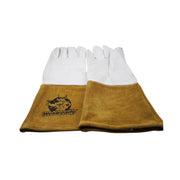 Front and back view of white and tan leather TIG gloves with 'Weldready' logo on a white background