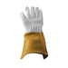 Palm view of white and tan leather TIG glove with 'Weldready' logo on a white background