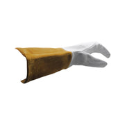 Side view of white and tan leather TIG glove with 'Weldready' logo on a white background