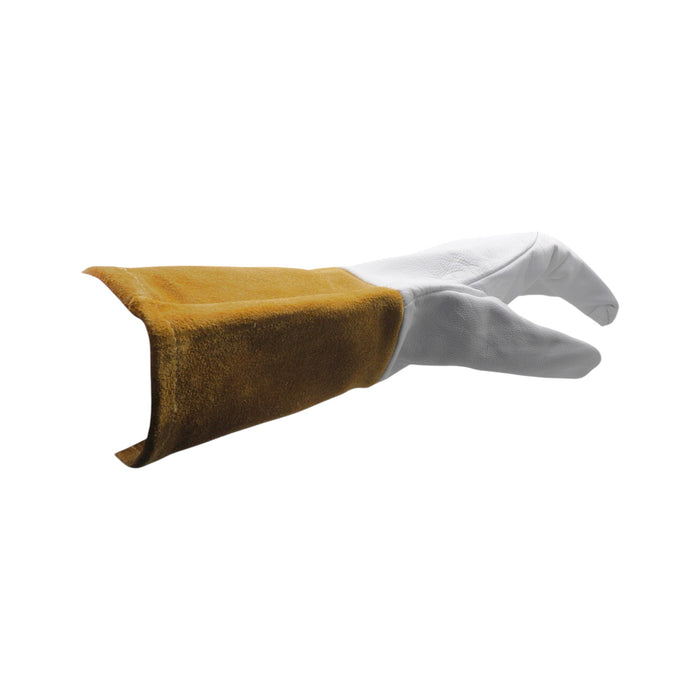 Side view of white and tan leather TIG glove with 'Weldready' logo on a white background