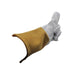 Thumbs up view of white and tan leather TIG glove with 'Weldready' logo on a white background