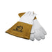 White and tan leather TIG gloves with 'Weldready' logo on a white background