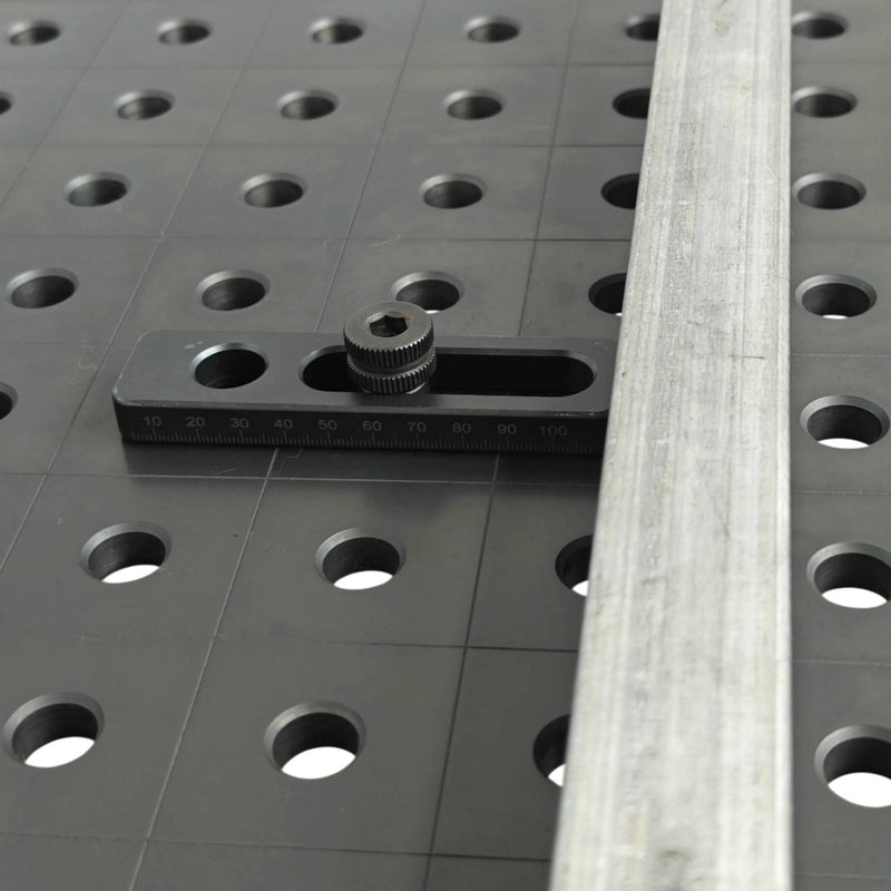 View of a 115mm L Universal Stop in use with 16mm welding table
