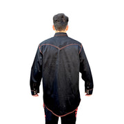 View from the back of model wearing Weldready western style flame retardant FR welding jacket with pearl snaps.