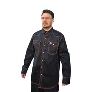 Model wearing Weldready western style flame retardant FR welding jacket with pearl snaps