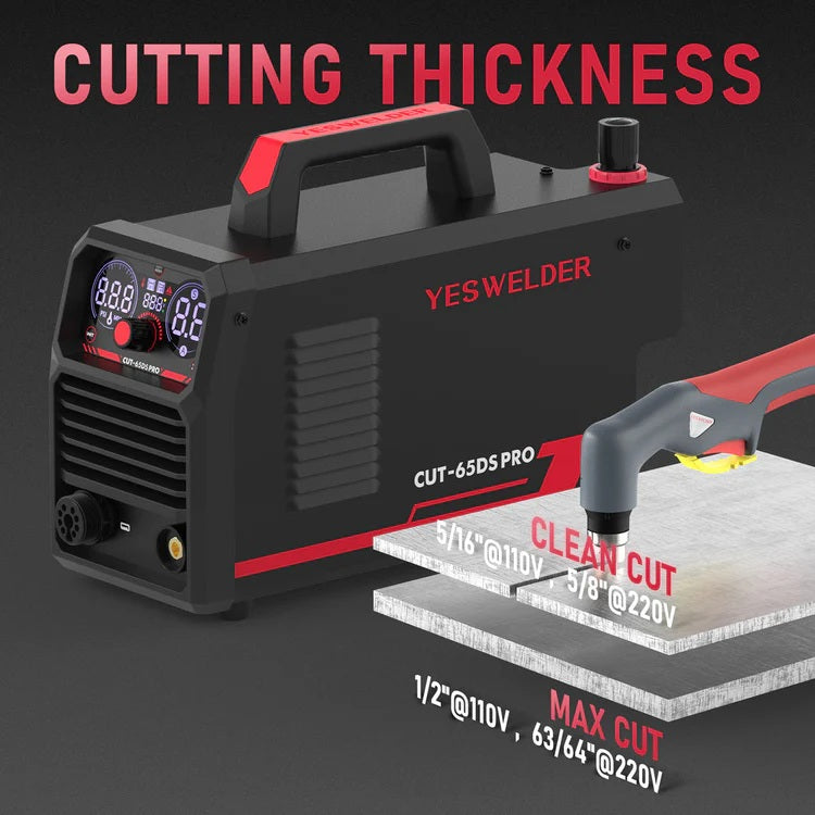 Graphic showcasing the cutting thickness on the YesWelder CUT-65DS PRO Plasma Cutter