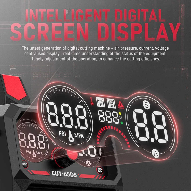 Graphic showcasing the digital screen display on the YesWelder CUT-65DS PRO Plasma Cutter