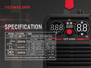 Graphic showcasing the specifications of the YesWelder CUT-65DS PRO Plasma Cutter