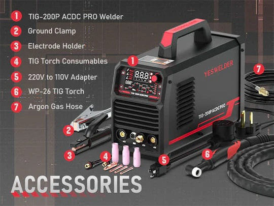 Graphic displaying the accessories included with the YesWelder TIG-200P ACDC PRO TIG welder