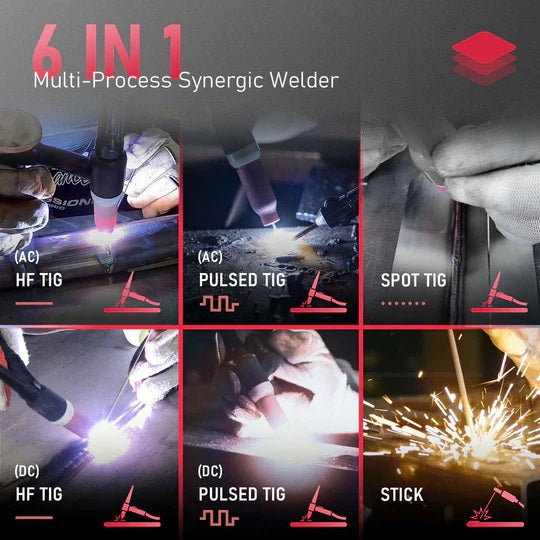 Graphic displaying the 6-in-1 functionality of the YesWelder TIG-200P ACDC PRO TIG welder