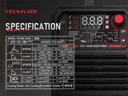 Graphic displaying the specifications of the YesWelder TIG-200P ACDC PRO TIG welder