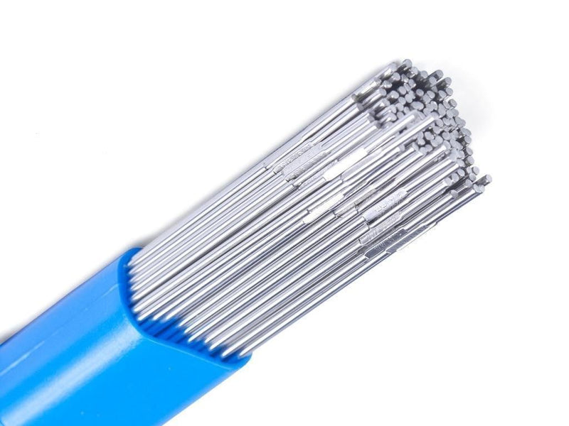 A bundle of 316 stainless steel tig rod sticking out of a blue plastic tube with the stamped identifier visible on the end of each rod