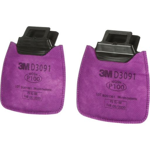 3M secure click pink respirator filter showing 3M D3091 NIOSH P100