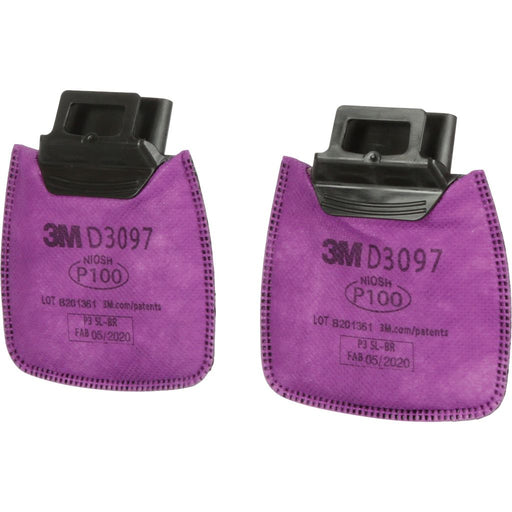 3M secure click pink respirator filter showing 3M D3097  NIOSH P100