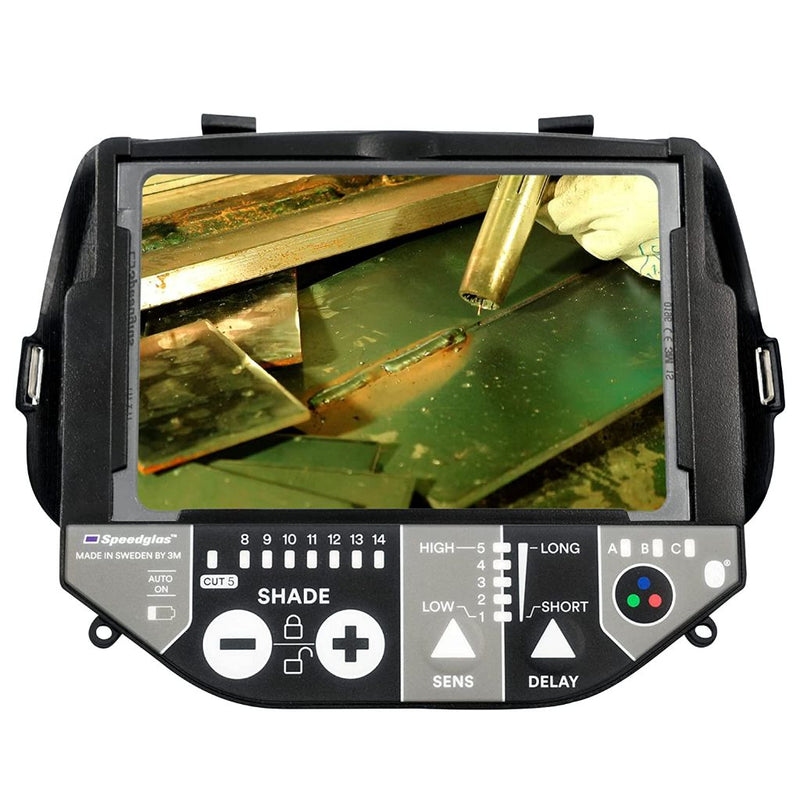 interior view of 3m speedglas g5-01 light filter showing a mig weld