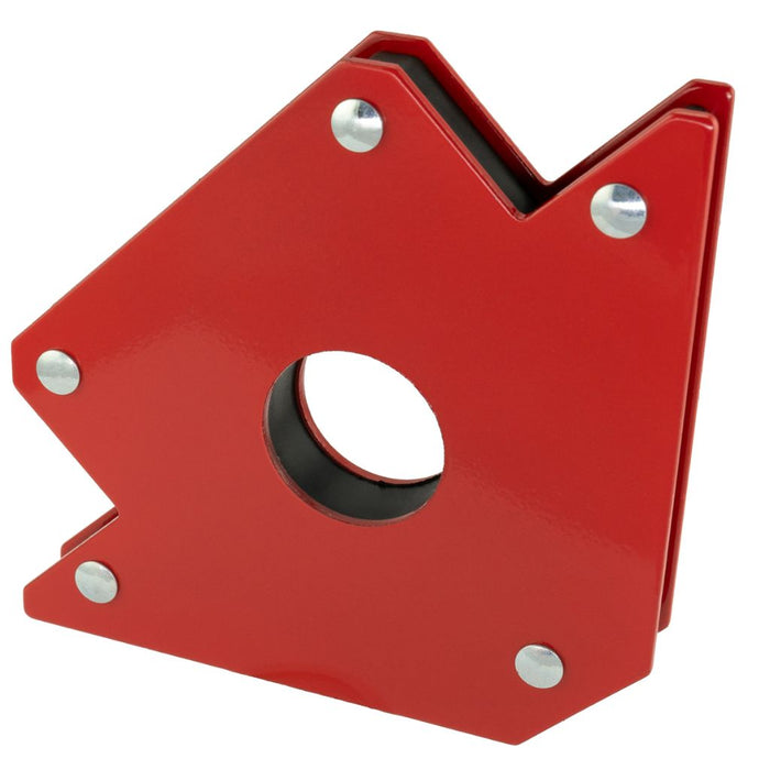 medium sized red welders magnet with 90 degree angle and hole in middle for holding round pipe