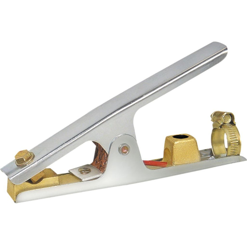 small welding ground clamp with steel handles and brass connections for wire and connection to work