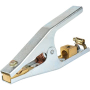 Large welding ground clamp with steel handles and brass connections for wire and connection to work