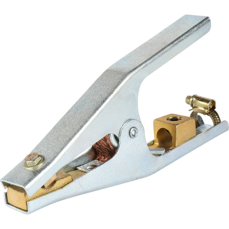 Large welding ground clamp with steel handles and brass connections for wire and connection to work