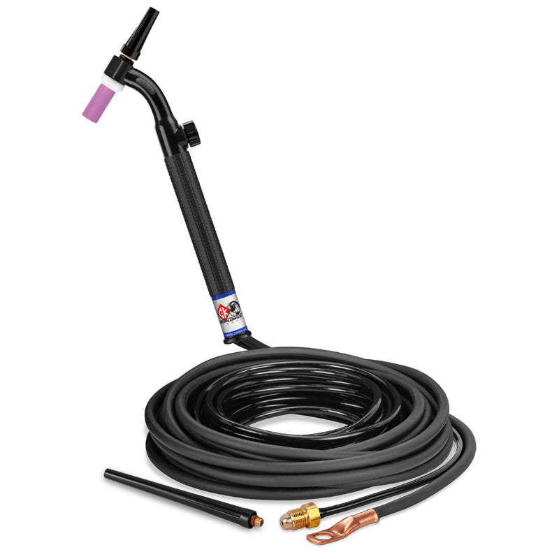 CK Worldwide 9 Flex Head TIG Torch with gas valve and 25 foot rubber 2 piece power cable