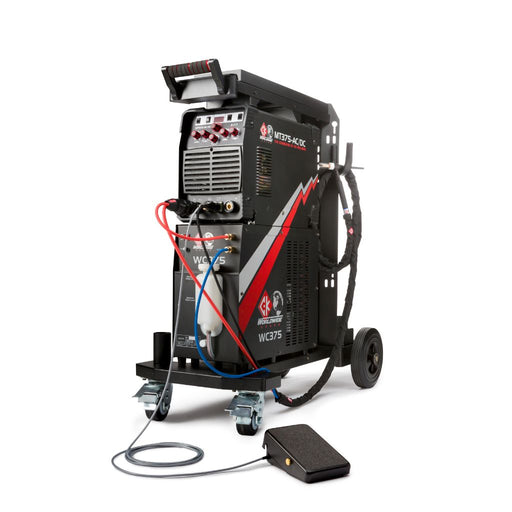 ck worldwide mt375 tig welder on top of wc375 water cooler on cart with welding leads and foot pedal showing