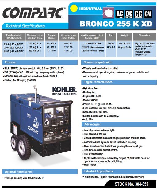 spec sheet of comparc welder generator showing amperage ratings and engine specifications